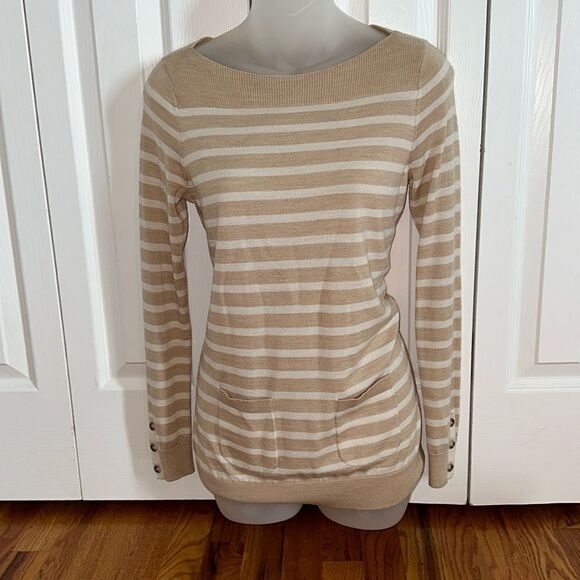 The Loft Ann Taylor Beige Tan White Striped Cardigan Shirt Top Blouse Small S - Picture 1 of 5